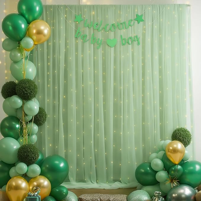 30x8ft Olive Green Tulle Backdrop Curtain with Lights String for Parites, Sheer Backdrop Curtains for Wedding Baby Shower Birthday Party Photo Shoot Decorations