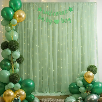 10x8ft Olive Green Tulle Backdrop Curtain with Lights String for Parites, Sheer Backdrop Curtains for Wedding Baby Shower Birthday Party Photo Shoot Decorations