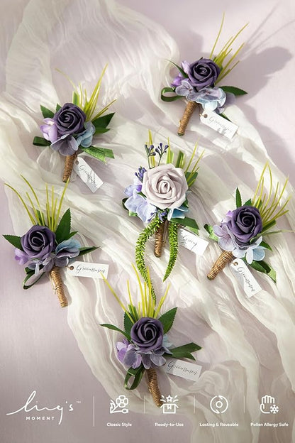 Ling's moment Boutonniere for Men, 6pcs Groom Groomsmen Boutonniere, Artificial Flowers for Wedding Decor/Prom/Homecoming, etc.Purple
