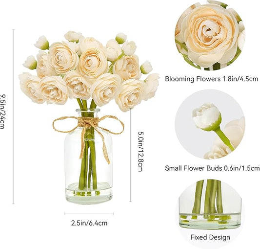 Ranunculus Artificial Flowers with Vase, 8 Pcs Faux Silk Ranunculus Flower in Vase, Small Flower Arrangements for Home Decor Indoor, Table Centerpiece. (Champagne)