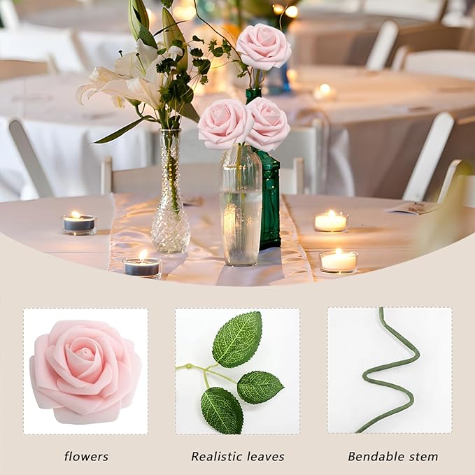 200PCS Artificial Flowers Light Pink Roses Real Looking Foam Fake Roses with Leaves and for DIY Wedding Bouquets Bridal Shower Centerpieces Party Decorations (Light Pink, 200)