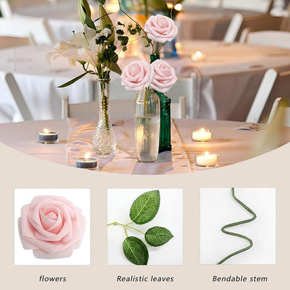 200PCS Artificial Flowers Light Pink Roses Real Looking Foam Fake Roses with Leaves and for DIY Wedding Bouquets Bridal Shower Centerpieces Party Decorations (Light Pink, 200)
