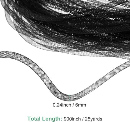 Mesh Tube Ribbon 25 Yards, 6mm Elastic Fabric Ribbons Mesh Tubing for Crafts/Gift Wrapping/Flower Bouquets/Wedding/Birthday/Holiday/Wreaths Christmas/Decoration[Black]