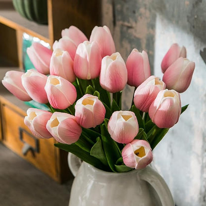 20pcs Pink and White Artificial Tulip Flowers, Silk Fake Flowers 13" for Mother's Day, Easter, Valentine’s Day Gifts in Bulk, Home, Kitchen, Wedding Decorations