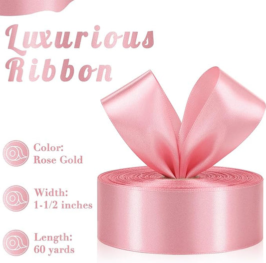 Rose Gold Ribbon 1-1/2 Inch, 60 Yards Rose Gold Satin Ribbon for Eternal Flower Gift Wrapping Flower Bouquet Hair Accessories Crafts Wedding Christmas