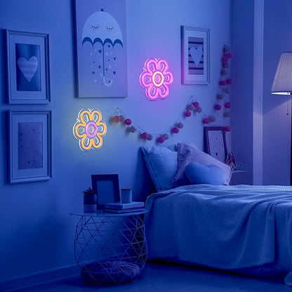 Bonuci 2 Pieces Flower Neon Sign 7.87 Inch Daisy LED Lights USB Powered Pink Retro Flower Shaped Neon Sign for Room Wall Decor Home Shop Wedding Birthday Party Decoration(Pink, Yellow)