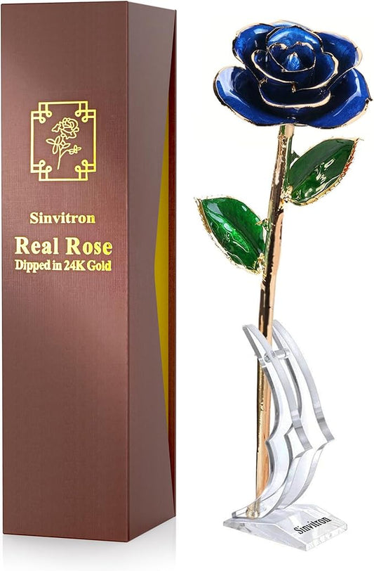 Sinvitron Gold Dipped Infinity Rose Forever Flower Decor, Resin Preserved Real Rose Birthday Gift for Women, Anniversary Present for Mom (Deep Blue)