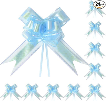 24PCS Sky Blue Pull Bows for Gift Wrapping, 6" Large Pre-Tied Decorative Bows for Christmas, Wedding, Birthday, Party Decorations, Reusable Instant Floral Decors for Gifts, Bouquets, Baskets
