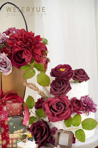 Burgundy Artificial Flowers Combo Box Wedding Decor,Fake Flowers,Flowers for Decoration,Silk Flowers for Home Decor Indoor,Cake Flowers,Faux Flowers for Crafts