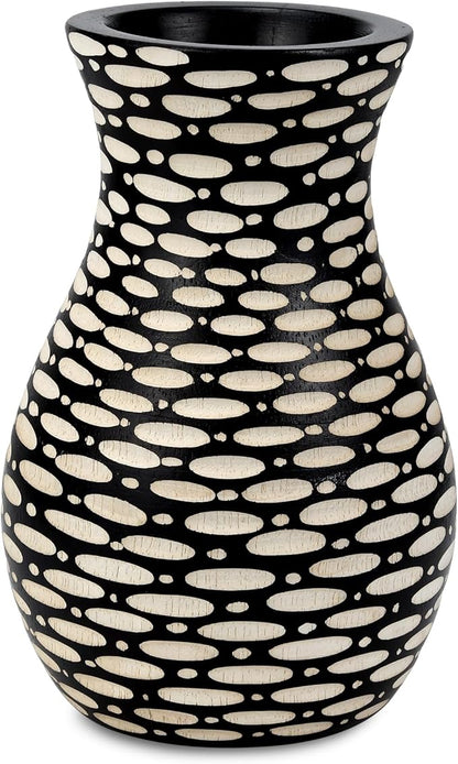 AeraVida Intricate Etched Ovals Mango Wood Vase Dark Brown 6-Inch Handmade Tabletop Flower Holder for Dried or Silk Flowers Rustic Modern Decor Accent for Living Room or Office