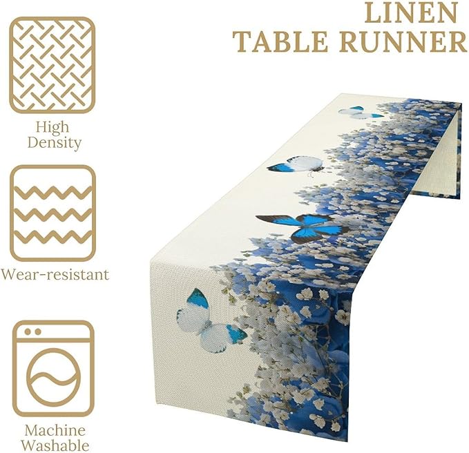 Butterfly Floral Table Runner, Blue White Hydrangea Flowers Bloom Spring Garden Theme Table Runner for Kitchen Dining Holiday Party Wedding, 13x90 Inch