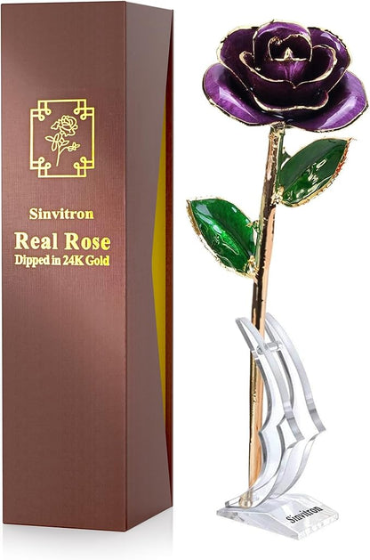 Sinvitron Gold Dipped Infinity Rose Forever Flower Decor, Resin Preserved Real Rose Birthday Gift for Women, Anniversary Present for Mom (Purple)