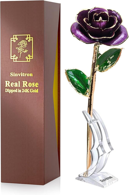 Sinvitron Gold Dipped Infinity Rose Forever Flower Decor, Resin Preserved Real Rose Birthday Gift for Women, Anniversary Present for Mom (Purple)
