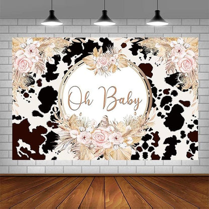 10x7ft Boho Holy Cow Baby Shower Backdrop Oh Baby Black and White Cow Print Bohemia Pink Floral Pampas Grass Photography Background Farm Theme Party Decoration Banner Supplies Photo Studio Prop