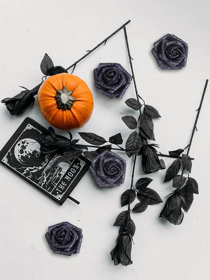 IPOPU Black Glitter Roses, 25pcs Foam Glitter Roses Glitter Flowers Foam Rose with Stem for DIY Wedding Bridal Bouquet Home Party Decoration(Black)