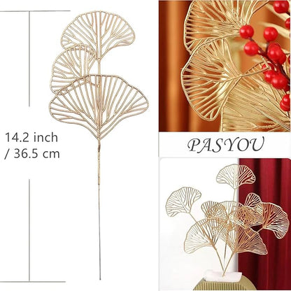 PASYOU Fake Golden Apricot Leaves Plants Artificial Gold Ginkgo Leaf Stems for Christmas Decor, Faux Plastic Sticks Picks Indoor Outdoor Home Wedding Party Event Xmas Ornaments DIY Decoration 12 Pcs