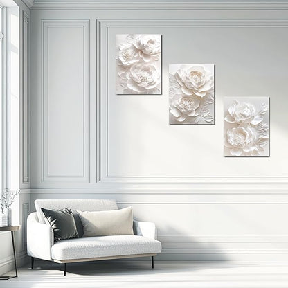 Sepwrol White Flower Canvas Wall Art Modern Abstract Rose Blooming Floral Textured Printing Artwork for Home Bedroom Living Room Wall Decor, 12"x16" 3 Panel (White-2)