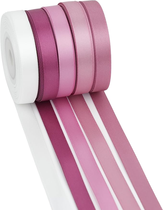 Dusty Rose Ribbon 3/8 Inch Thin Dusty Pink Satin Ribbon 5 Rolls Assortment Rose Pink Ribbon for Wedding Mauve Ribbon for Gift Wrapping Baby Shower Invitation Card Crafts - 50Yards