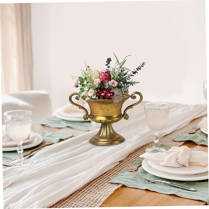 Metal Vase 6 Inch Vintage Trophy-Shaped Golden Color Iron Pedestal Vase with Handle DIY Friendly Decorative Flower Pot for Centerpiece, Wedding, Banquet, Party