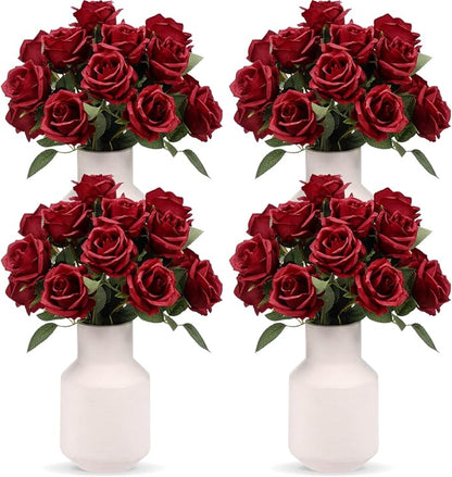 Hotop 40 Pcs Rose Artificial Flowers Bulk with Long Stem,Realistic Silk Fake Roses Bouquet for Home Wedding Centerpieces Party Table Decoration Valentines Gifts(Wine Red)