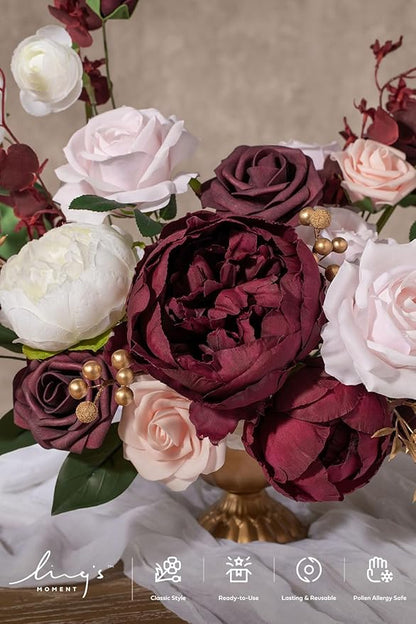 Ling's moment Fake Flowers Box, Faux Artificial Greenery Stems Foam Roses Silk Peonies Ranunculus Fabic Flower for Centerpieces Bouquet Wedding Vase Decorations, Berry Pink & Blush, Deluxe Combo
