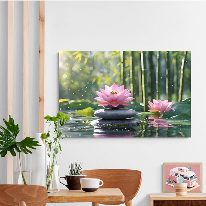 Ethereal pink lotus on obsidian Sunlit bamboo forest with sparkling water drops Poetic nature inspired wall art for tranquil homes and mindful spaces 16x24in Wood Framed