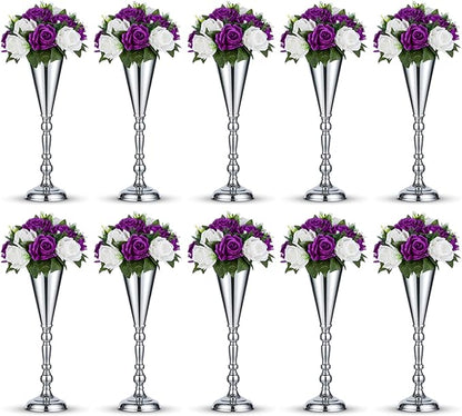 10 Pcs Tabletop Silver Metal Wedding Flower Trumpet Vase, 16.5 inch Table Decorative Centerpiece Artificial Flower Arrangements for Anniversary Ceremony Party Birthday Event Home Decoration (Silver)