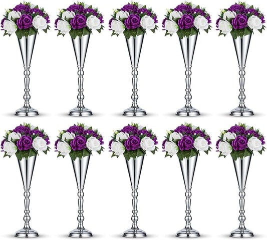10 Pcs Tabletop Silver Metal Wedding Flower Trumpet Vase, 16.5 inch Table Decorative Centerpiece Artificial Flower Arrangements for Anniversary Ceremony Party Birthday Event Home Decoration (Silver)