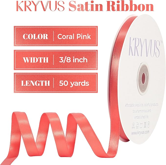 Coral Satin Ribbon, Double Faced 3/8 Inch X 50 Yards Coral Ribbon, for Gift Wrapping, Crafts, Hair Bow Making, Sewing, Flower Bouquet, Wedding Party Decor