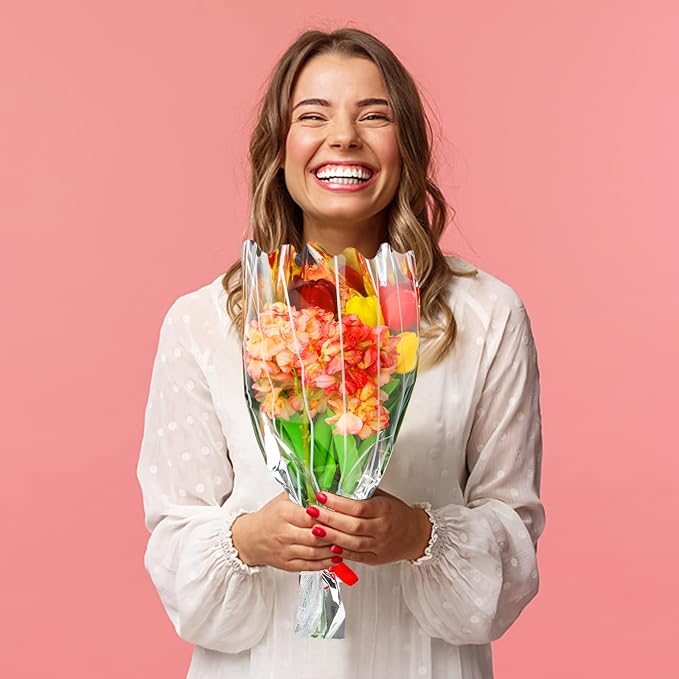 FOIMAS 100pcs Flower Bouquet Bag Plastic Wrapping Bags Clear Floral Bouquet Sleeve Cellophane Sleeves Flower Bouquet Packaging Bags for Flower Craft Birhtday Wedding Valentine's Day Mother's Day