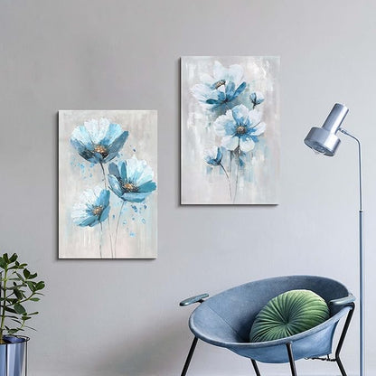 Flower Picture Canvas Wall Art: 2 Pieces Teal Floral Abstract Prints Artwork Vintage Turquoise Bouquet Botanical Painting for Bedroom Living Room Bathroom Home Office
