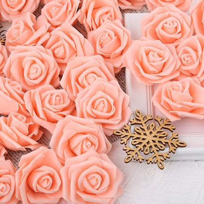 IPOPU 100 Pcs Artificial Rose Flower Heads Real Looking Blush Peach Foam Fake Roses Bulk for DIY Wedding Baby Shower Centerpieces Arrangements Party Tables Home Decorations (Peach, Stemless)
