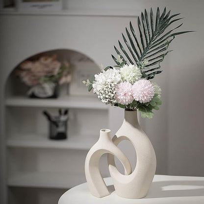 Extra Large Hollow Nordic Modern Ceramic Vases Set of 2, Milky White Aesthetic Round Donut Boho ins Style Flower Decorative Vase for Room Home Book Shelf Table Decor (Matte W 8" X H 11")