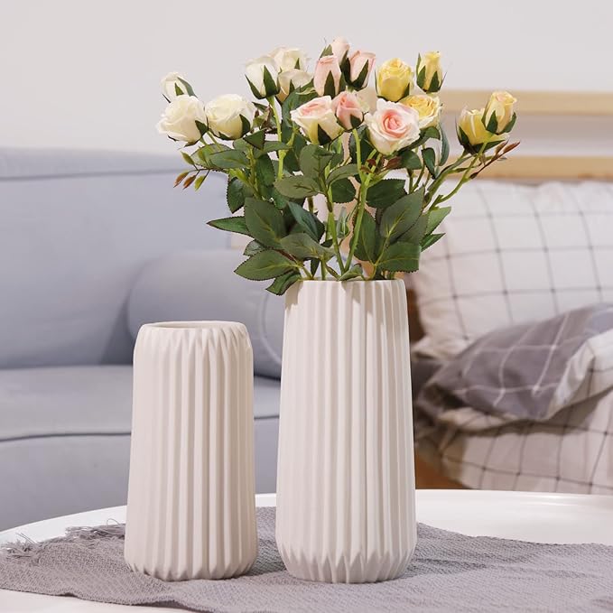 GOODSTART White Ceramic Modern Vase, Origami Stripe Frosted Matte Surface, 8.3" H, Universal Size, Perfect for Decor, Wedding, Christmas