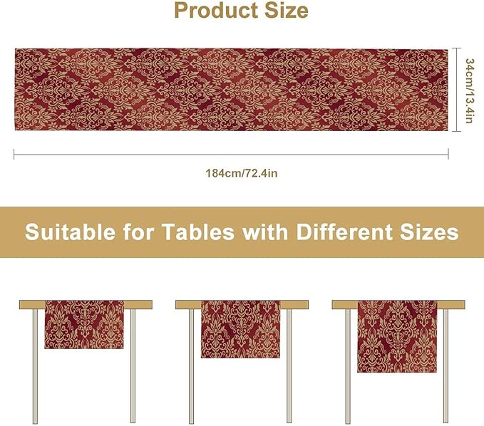 Red Damask Table Runner,Gothic Antique Victorian Floral Boho Table Runner for Home Kitchen Table Dining Garden Farmhouse Wedding Party Decor 13x36 Inch
