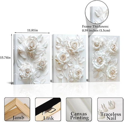 Sepwrol White Flower Canvas Wall Art, Modern Abstract Rose Blooming Floral Textured Printing Artwork for Home Bedroom Living Room Wall Decor, 12"x16" 3 Panel