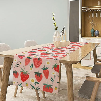 Strawberry Table Runner, Spring Summer Fruit Birthday Party Decoration Dining Room Home Kitchen Table Decor 13 x 36Inch