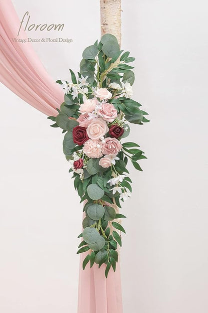 Floroom Arch Flowers with Drapes Kit (Pack of 4) - 2pcs Artificial Dusty Rose & Burgundy Floral Swag Arrangement with 2pcs Draping Fabric for Wedding Ceremony Arbor and Reception Backdrop Decoration