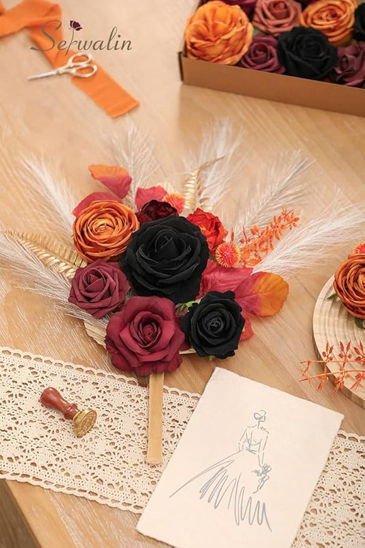Serwalin Artificial Flowers Black Orange Fall Flowers Halloween Black Wedding Flowers for DIY Wedding Bouquets Bridal Shower Centerpieces Floral Arrangements Party Home Decor