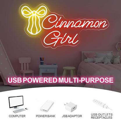 Cinnamon Girl with Bow Tie Neon Sign Cinnamon Sweet Girl Sign Room Art Decor Lana Del Rey Neon Sign Bedroom Wall Decor,Encouraging Light, Club-Red-17.7"x8.86"