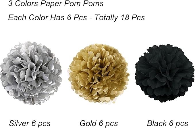 Tissue Paper Pom Poms, Recosis Paper Flower Ball for Birthday Party Wedding Baby Shower Bridal Shower Festival Decorations 18 Pcs - Black, Gold and Silver