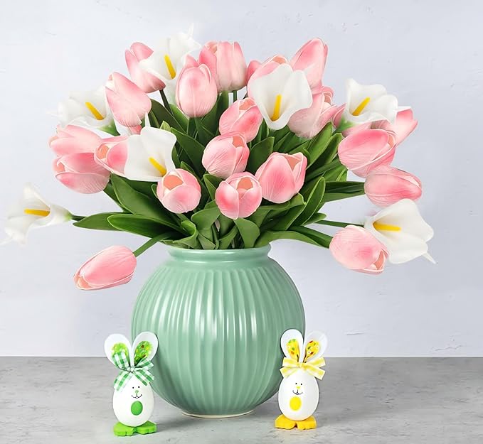 DEEMEI 16Pcs Artificial Pink Tulips & White Calla Lily Silk Fake Flowers 13.4" for Easter Mother's Day Home Kitchen Wedding Decorations