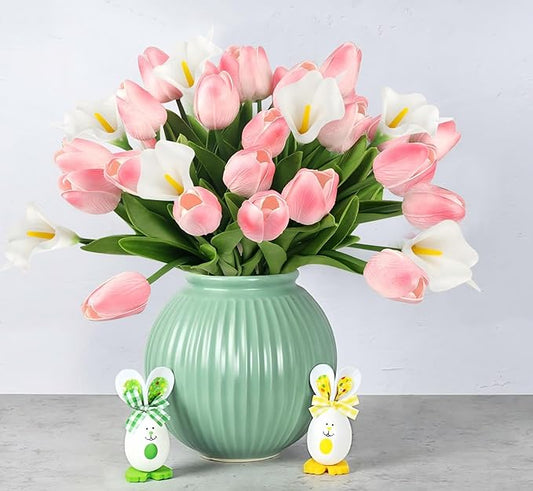 DEEMEI 16Pcs Artificial Pink Tulips & White Calla Lily Silk Fake Flowers 13.4" for Easter Mother's Day Home Kitchen Wedding Decorations
