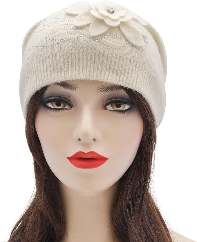 ZLYC Women Floral Slouchy Beanie Hat Double Layer Winter Knit Skull Cap