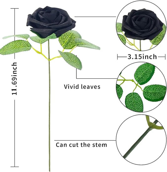 [25PCS] Isquene Black Roses Artificial Flowers with Long Stem Real Touch Fake Foam Roses for Decoration DIY Wedding Bouquets Centerpieces Bridal Shower Mothers Day Party Flower Arrangements Home Decor