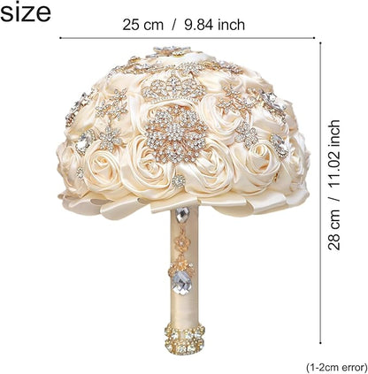 Handmade Satin Rose Floral Bling Pearl Decor Bridal Wedding Bouquet Rhinestone Pendant Artificial Brooch Flowers for Bride Bridesmaid Quinceanera