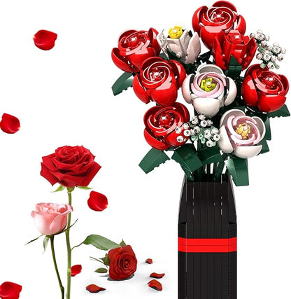 Roses Flower Bouquet Building Kit, Artificial Roses Flower Bouquet Building Set with Vase, DIY Artificial Flower Bouquet Set for Home Office Decoratin, Valentine Christmas
