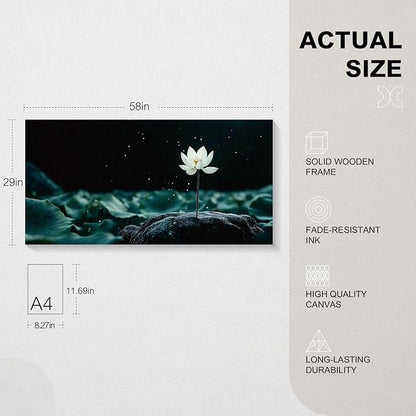 Iallbin Buddha Wall Art & Zen Wall Decor, White Lotus on Water Canvas Painting - for Yoga Meditation Room, Spa & Bathroom, Blue Art Deco Style, 58x29 Inches
