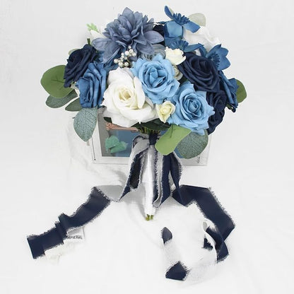 Rinlong 10.6 Inch Wedding Bouquets for Bride Navy Blue Bridal Bouquet for Wedding Artificial Flowers Silk Bouquet