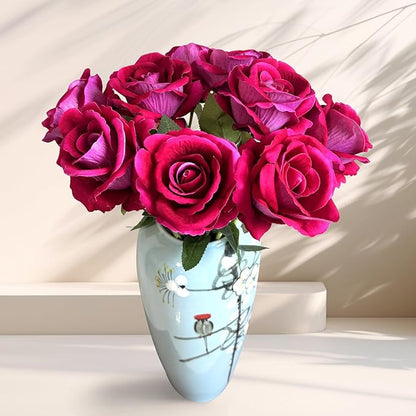 10-Pcs Artificial Rose Bouquets Faux Flowers with Flannel and Silk-Like Touch Highly Realistic Handmade Ideal for Home Office Wedding Hotel Festival Party Decorations Gifts Props (Fuchsia)